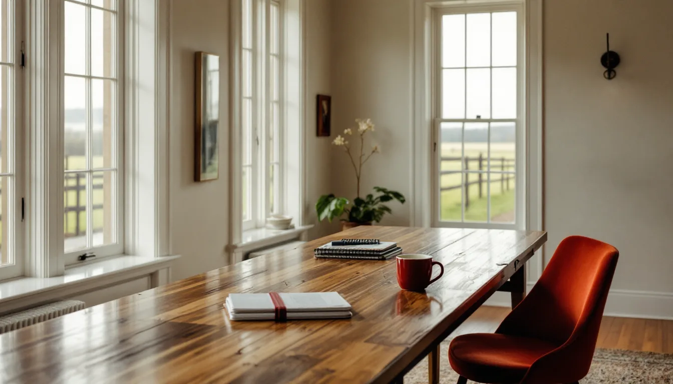 A long oak table with a board pack and a burnt-orange chair, tall windows looking onto North Fork farmland