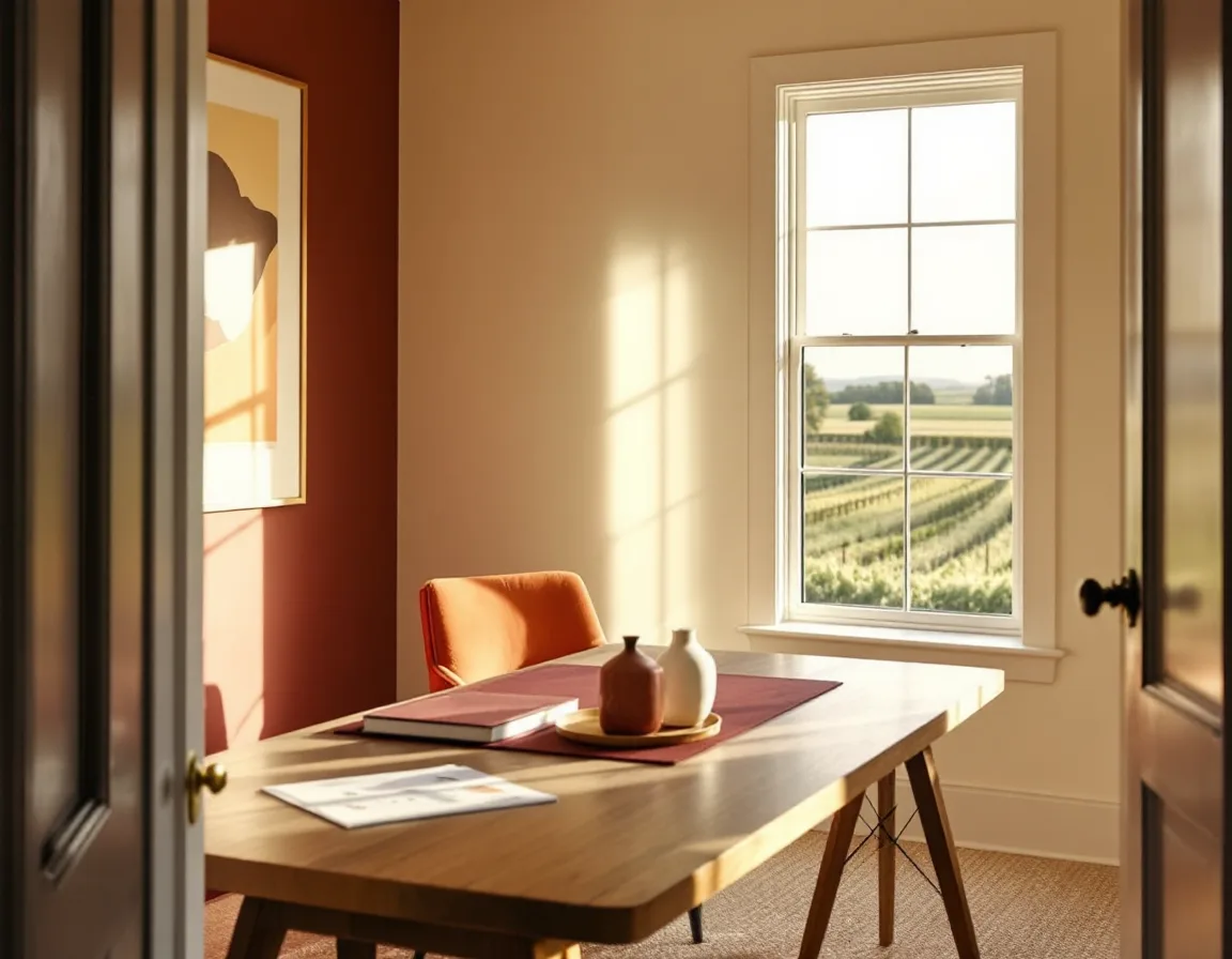 An oak table with a board pack and a burnt-orange chair beside a window overlooking North Fork farmland